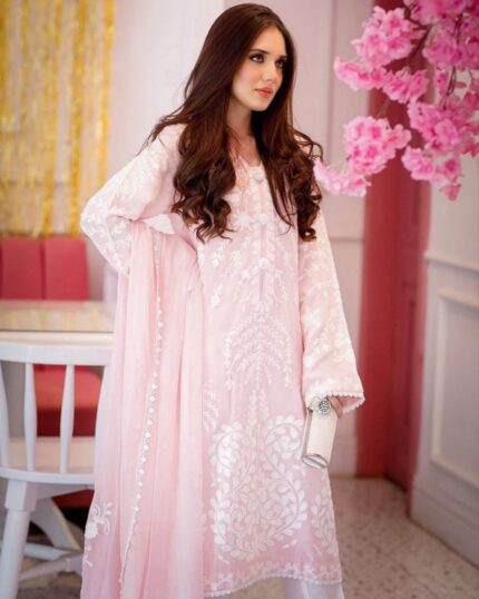 Casual Pink-Green Faux Georgette Embroidery Work Pakistani Suit With Dupatta