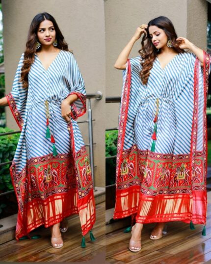 Casual Pure Gaji Silk Digital bandhej Printed Kaftan Suit With Belt