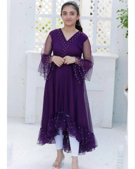 Casual Purple Butterfly Net With Pearl Work Up-Down Anarkali Suit