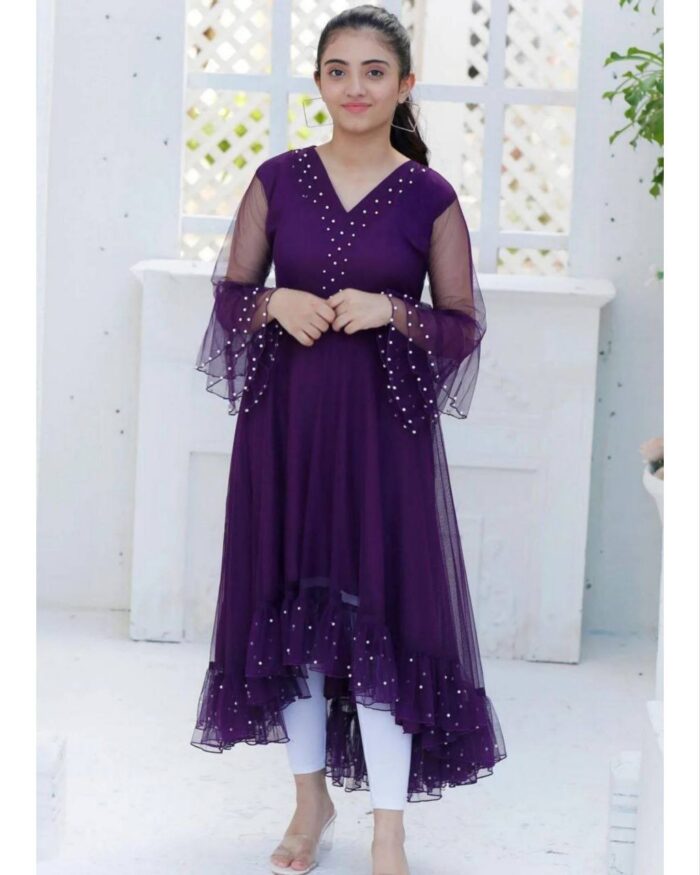 Casual Purple Butterfly Net With Pearl Work Up-Down Anarkali Suit