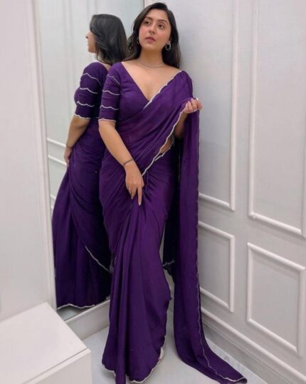 Casual Purple Faux Georgette Lace Border Work Saree With Blouse