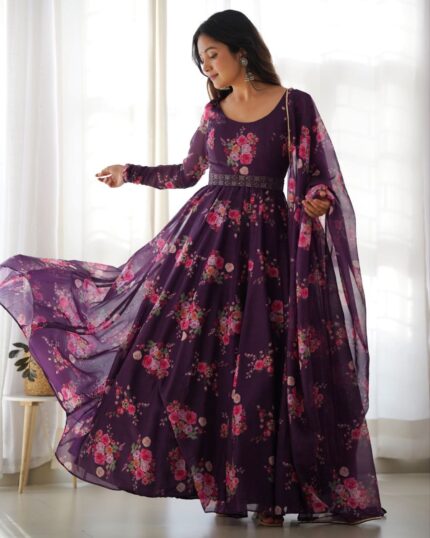 Casual Purple Heavy Georgette Floral Printed Work Anarkali Gown With Dupatta
