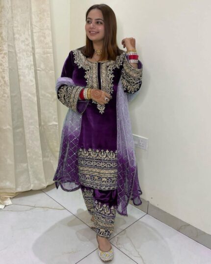 Casual Purple Micro Velvet Embroidery Work Pakistani Pant Suit With Dupatta
