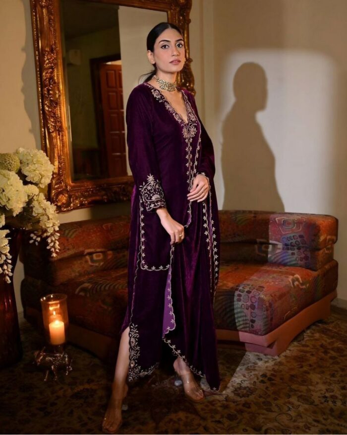 Casual Purple Micro Velvet Embroidery Work Pakistani Pant Suit With Dupatta