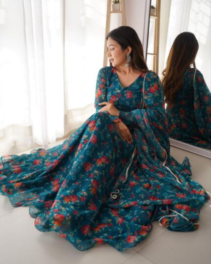 Casual Rama Green Heavy Georgette Floral Printed Work Anarkali Gown With Dupatta