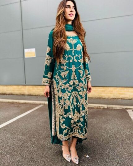 Casual Rama Green Pure Georgette Embroidery Work Pakistani Suit With Dupatta