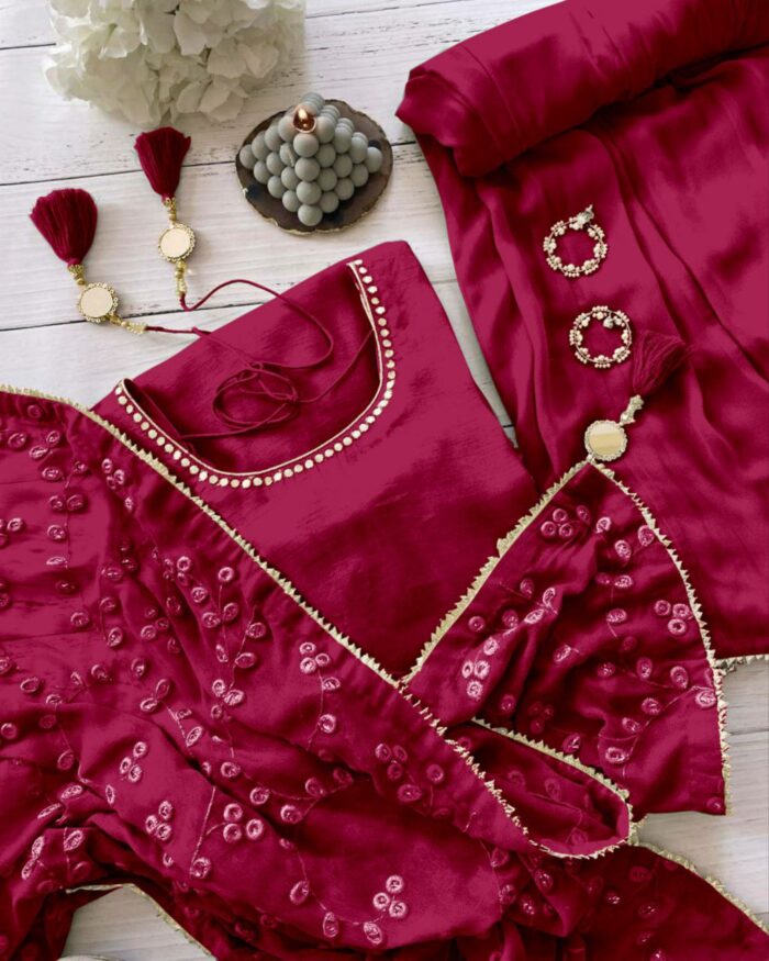 Casual Rani Pink Maska Cotton Mirror Work Palazo Suit With Dupatta