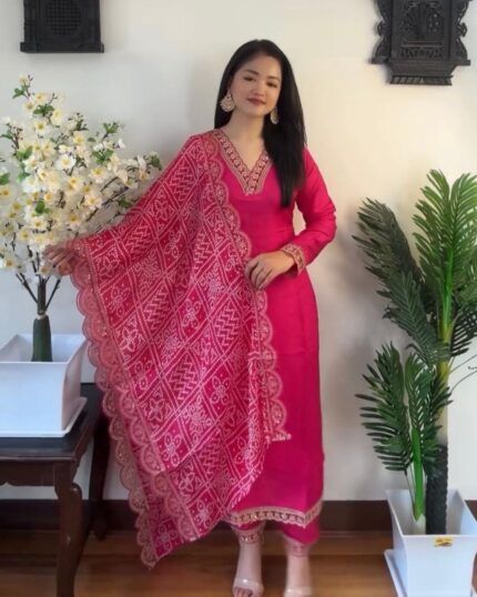 Casual Rayon Silk Embroidery Work Pant Suit With Printed Dupatta