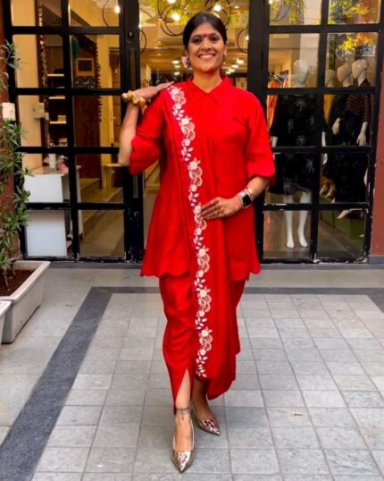 Casual Red Cotton Silk Dhoti Suit With Drape Lace Work Dupatta