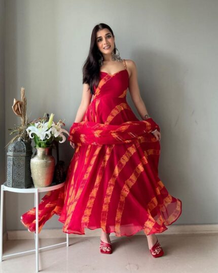 Casual Red Gorgette Digital Print Anarkali Suit With Dupatta