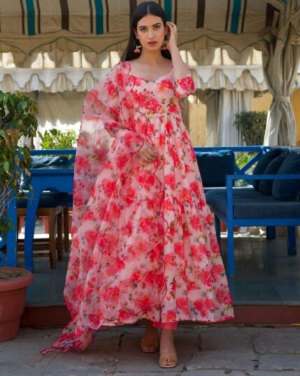 Casual Red Pure Georgette Flower Printed Long Anarkali Gown With Dupatta