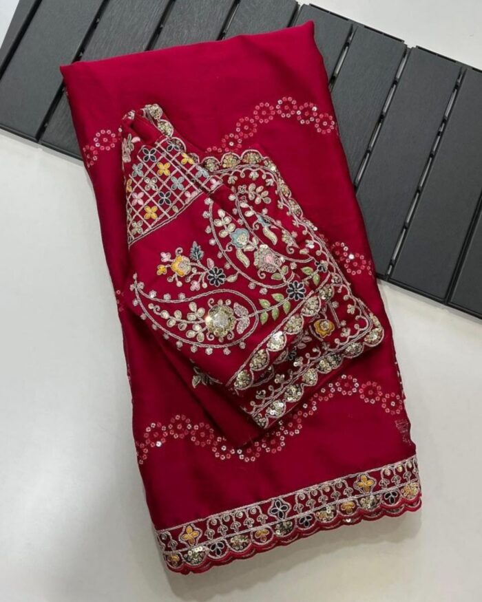 Casual Red Rangoli Silk Sequence Work Saree With Blouse