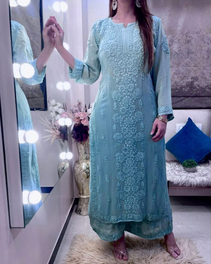Casual Sea Green Faux Georgette Chikankari Work Palazo Suit