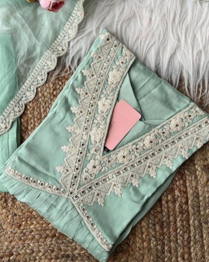 Casual Sea Green Roman Silk Cording Embroidery Work Pant Suit With Dupatta