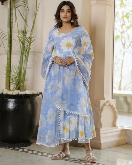 Casual Sky Blue Floral Anarkali Suit With Dupatta
