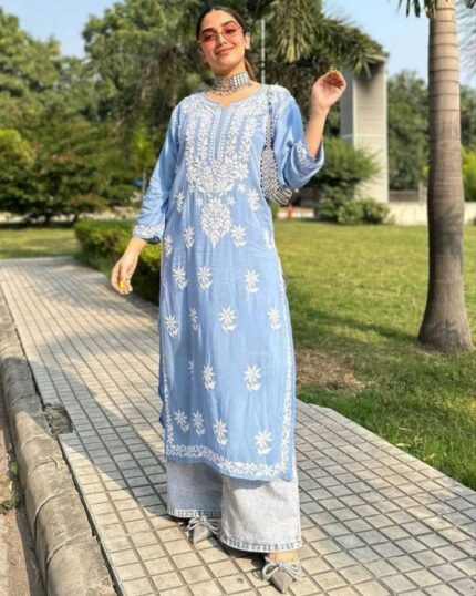 Casual Sky Blue Rayon Cotton Embroidery Work Palazo Suit