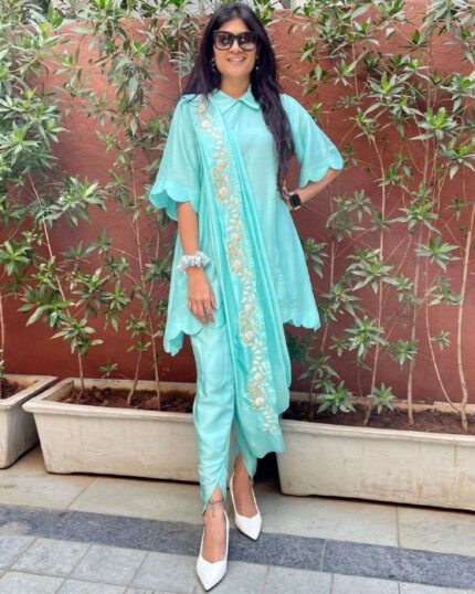 Casual Sky Cotton Silk Dhoti Suit With Drape Lace Work Dupatta
