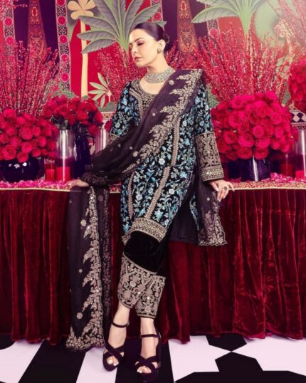Casual Sky-Wine Micro Velvet Sequence Work Pant Suit With Dupatta