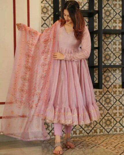 Casual Wear Lavender Organza Ruffle Flair Anarkali Suit With Dupatta