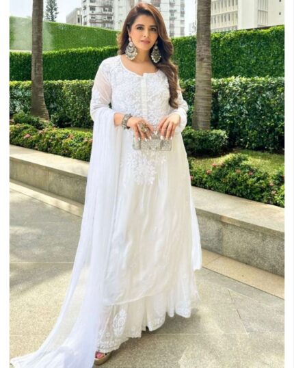 Casual White Cotton Thread Embroidery Work Sharara Suit With Dupatta