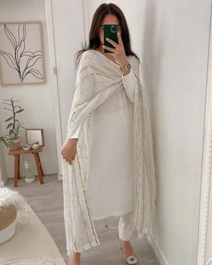 Casual White Faux Georgette Embroidery Work Pant Suit With Dupatta
