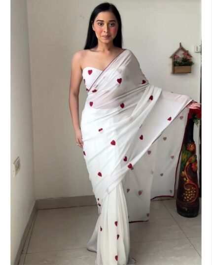 Casual White Faux Georgette Sequence Work Saree With Blouse