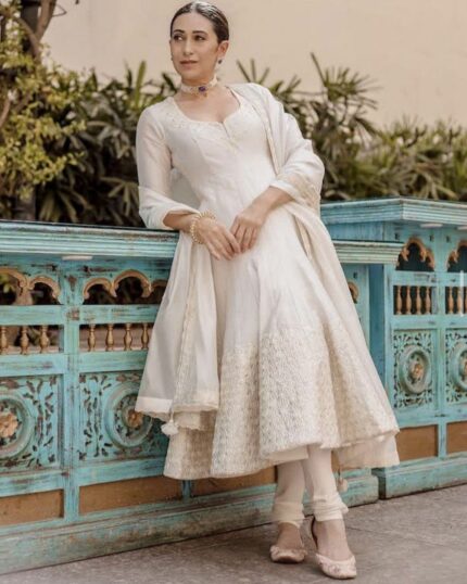 Casual White Georgette Ruffle Anarkali Suit With Dupatta