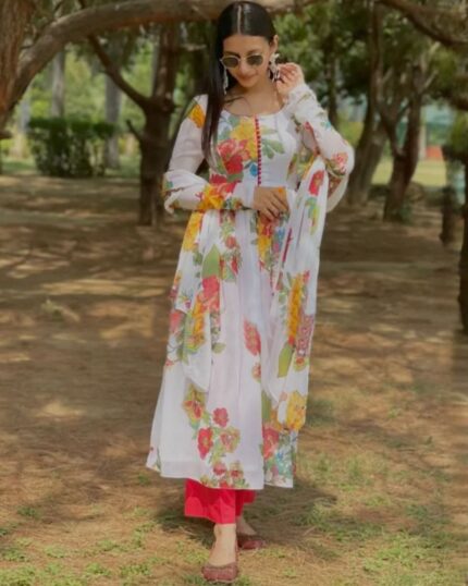 Casual White Georgette Silk Digital Flower Printed Gown With Dupatta