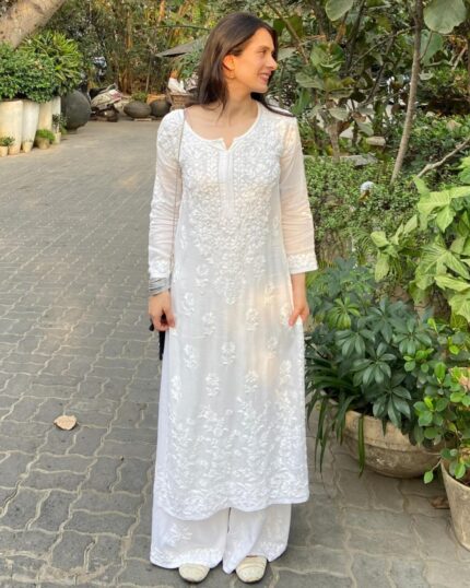 Casual White Maslin Cotton Embroidery Work Palazo Suit