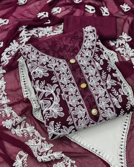Casual Wine Georgette Embroidery Work Salwar Suit With Dupatta