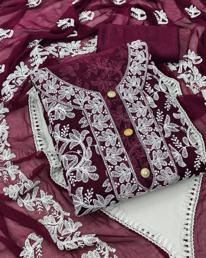 Casual Wine Georgette Embroidery Work Salwar Suit With Dupatta