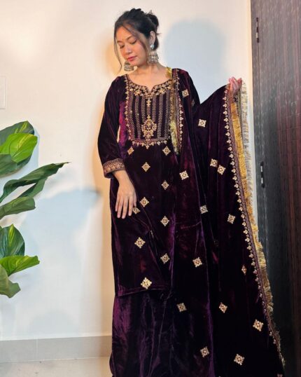 Casual Wine Purple Micro Velvet Embroidery Work Pakistani Suit With Dupatta