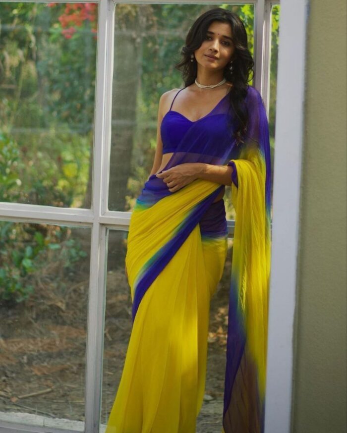 Casual Yellow-Blue Pure Georgette Shade Printed Saree With Blouse