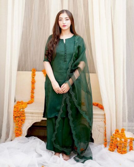 Casual Yellow & Green Maska Cotton Pant Suit With Dupatta