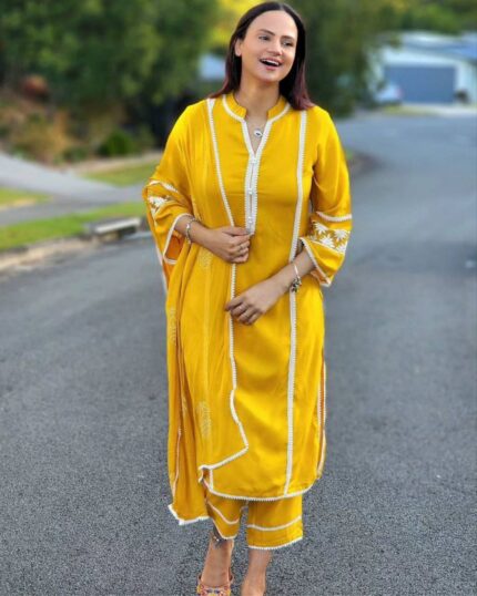 Casual Yellow Malai Silk Lace Work Pant Suit With Dupatta