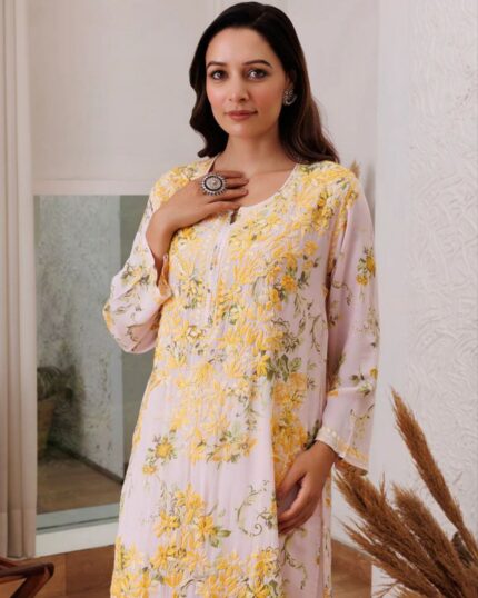 Casual Yellow-Pink Rayon Cotton Floral Printed Chikankari Work Palazo Suit
