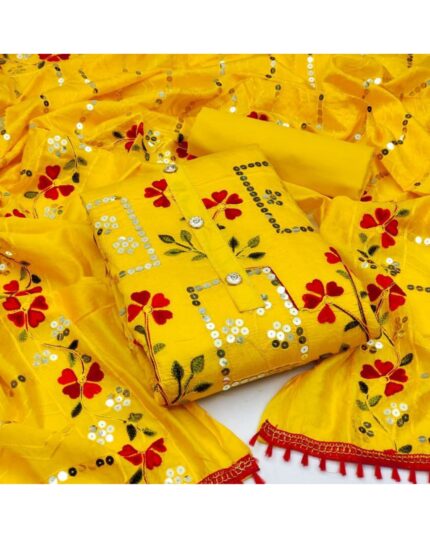 Casual Yellow Sequence Work Chanderi Salwar Suit With Dupatta