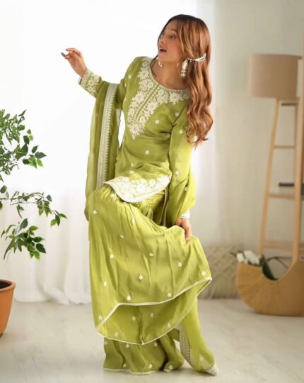 Chinon Silk With Embroidery Work Gharara Suit With Dupatta