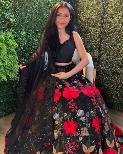 Classy Black & Red Color Floral Work Lehenga Choli With Dupatta