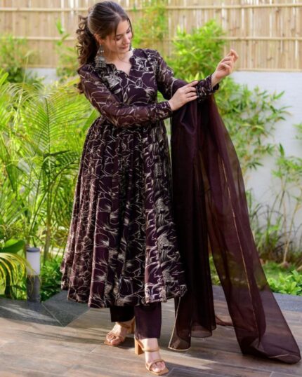 Classy Brown Pure Georgette Digital Print Anarkali Suit With Dupatta