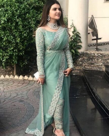 Classy Pista Green Organza Silk Foil Mirror Work Indo Western Saree