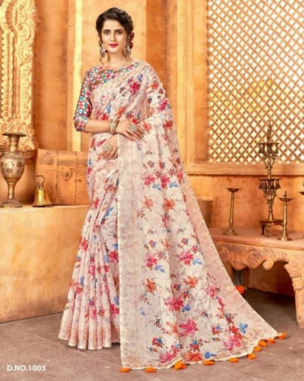 Cream Art Silk Digital Print Saree With Blouse