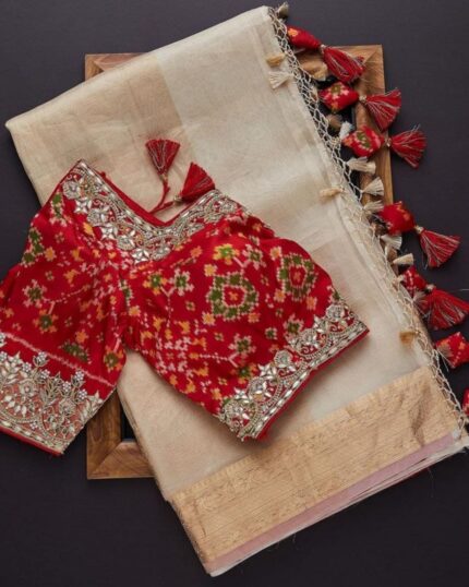 Cream Banarasi Tissue Zari Woven Saree With Blouse
