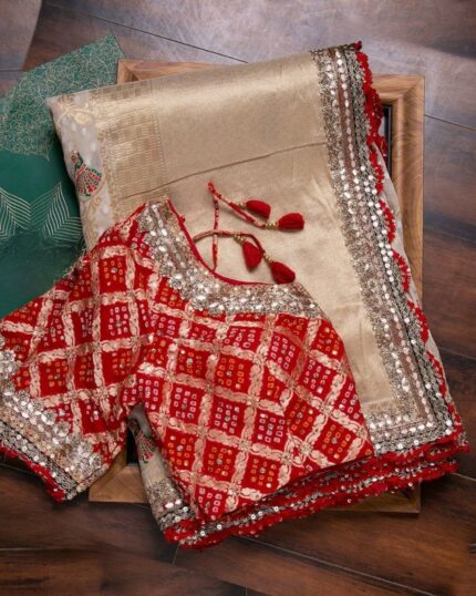 Cream Jacquard Zari Sequence Embroidery Work Saree With Blouse