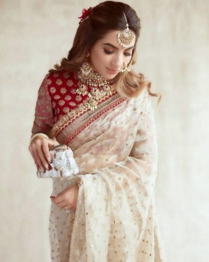 Cream Organza Silk Embroidery Work Saree With Blouse