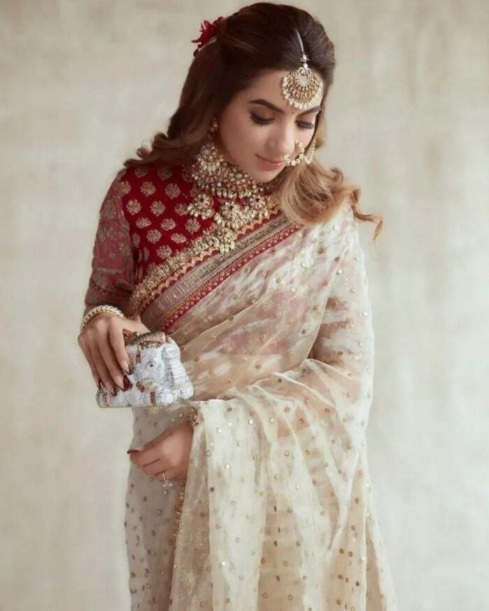 Cream Organza Silk Embroidery Work Saree With Blouse