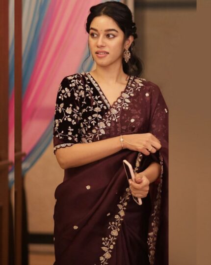 Dark Brown Organza Silk Embroidery Sequence Work Saree With Blouse