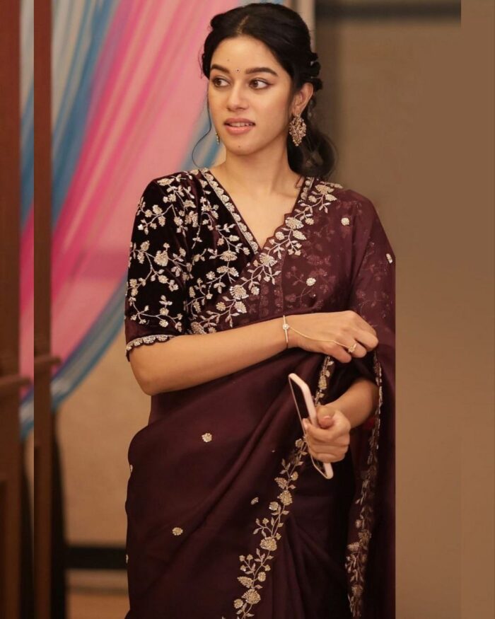 Dark Brown Organza Silk Embroidery Sequence Work Saree With Blouse