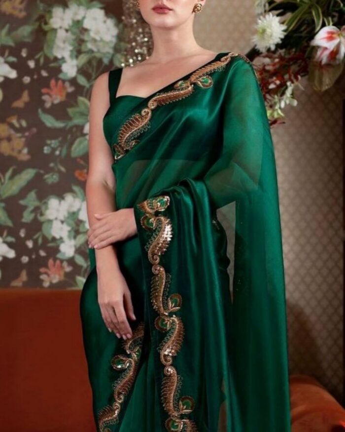 Dark Green Soft Organza Silk Embroidery Work Saree With Blouse