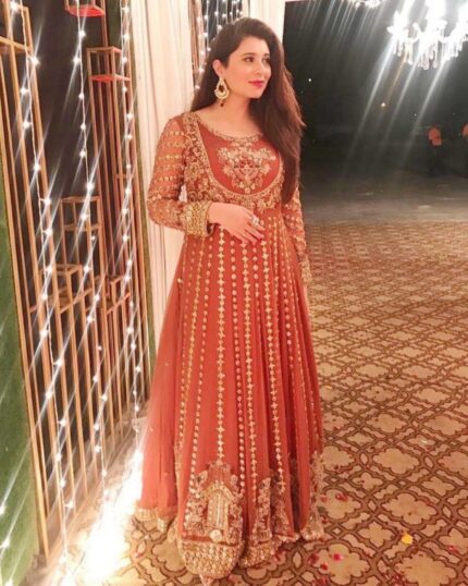 Dark Peach Pure Georgette Sequence Work Anarkali Gown